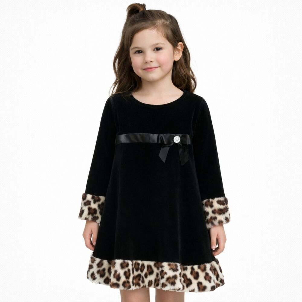 Little Girl Velvet Animal Print Dress Black XS
